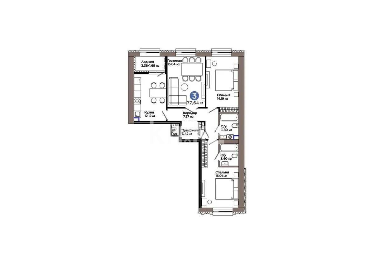 Продажа 3-комнатной квартиры, 77.64 м² в Астане