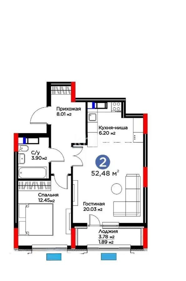 Продажа 2-комнатной квартиры, 52.48 м², ул. Рыскулова, дом  9 стр в Астане