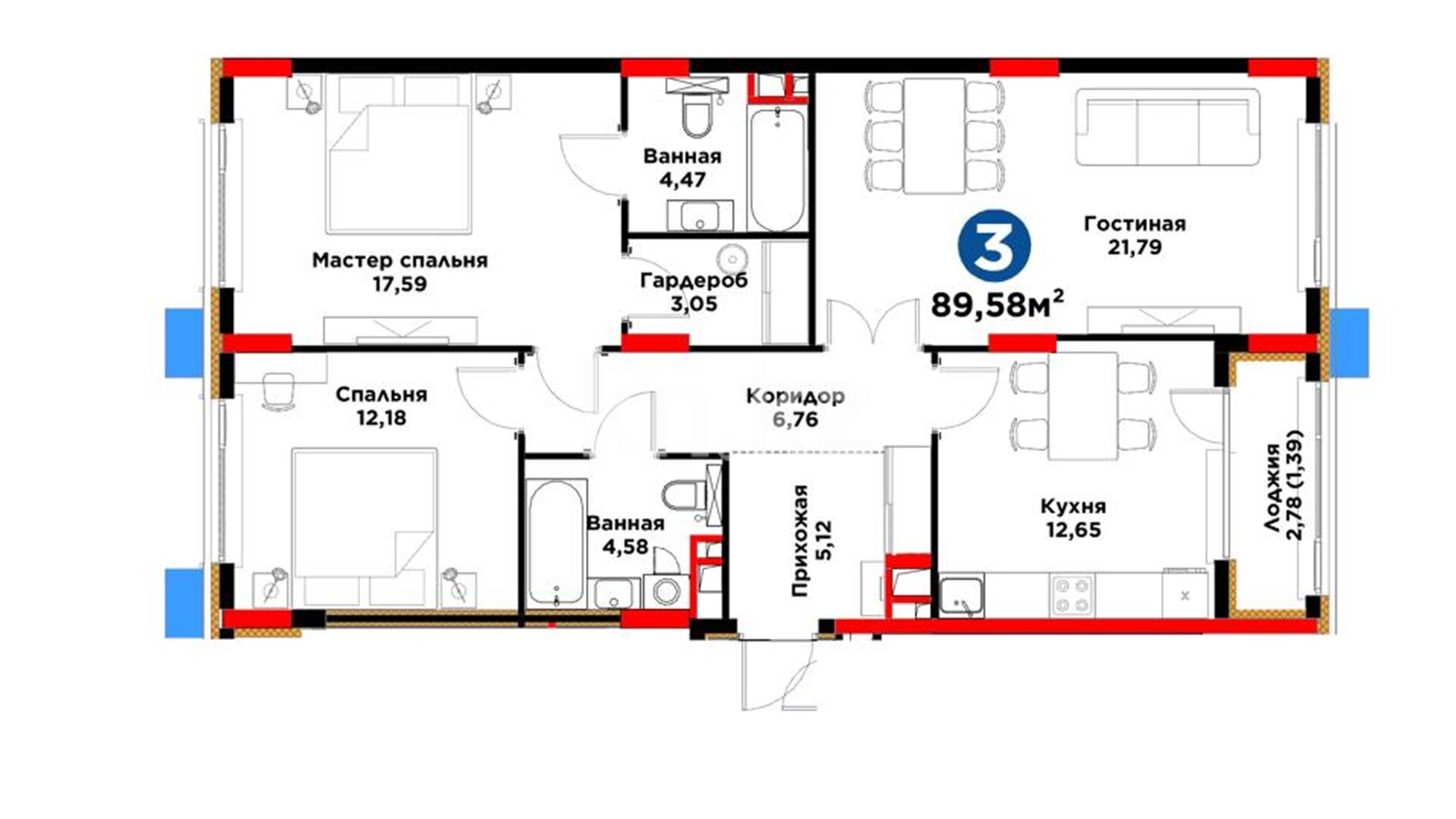 ЖК Bosaga, 3-комнатная, цена 70 553 498 ₸, 787 604 ₸&nbsp;/&nbsp;м²