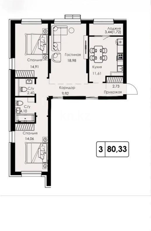 Продажа 3-комнатной квартиры, 80.33 м² в Алматы