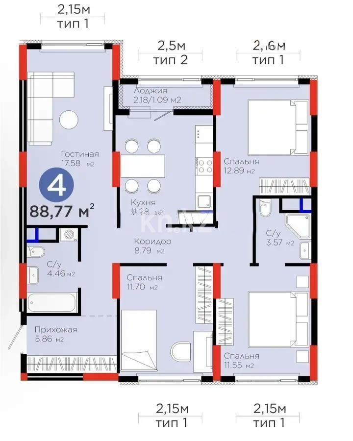 Продажа 4-комнатной квартиры, 89 м² в Астане