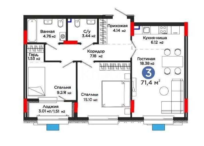 Продажа 3-комнатной квартиры, 71.4 м² в Астане
