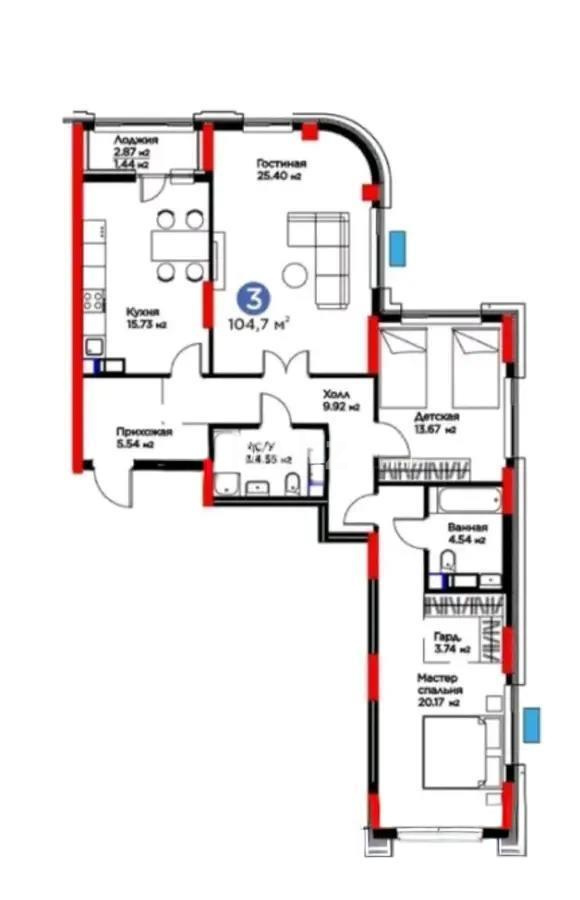 Продажа 3-комнатной квартиры, 104.7 м², ул. Рыскулова, дом  9 стр в Астане - фото 3