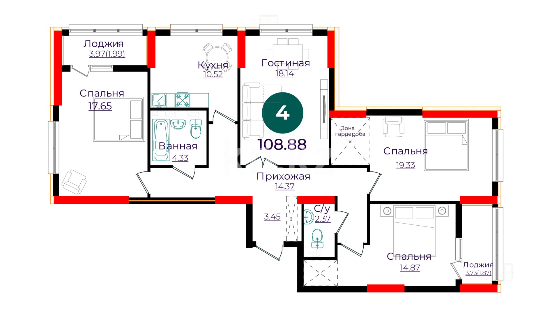 ЖК Abay Joly Avenue, 4-комнатная, цена 42 789 840 ₸, 393 000 ₸&nbsp;/&nbsp;м²
