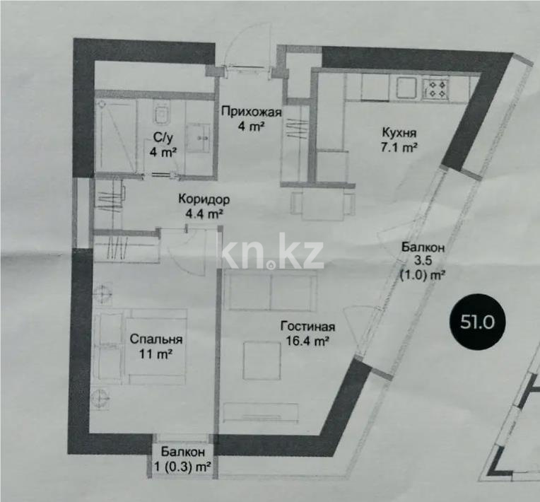 Продажа 2-комнатной квартиры, 51 м² в Алматы