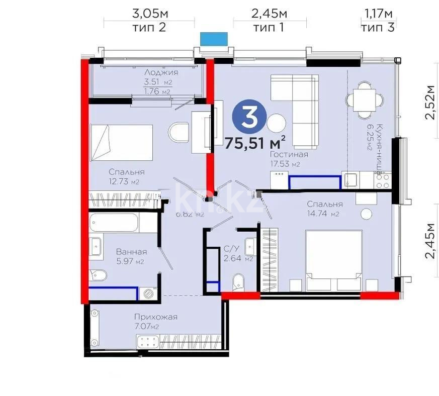 Продажа 3-комнатной квартиры, 75.51 м², пр. Аль-Фараби, дом  3 в Астане