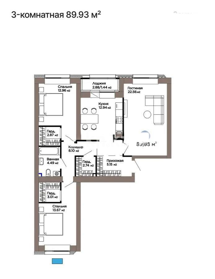 Продажа 3-комнатной квартиры, 89.93 м² в Астане - фото 2