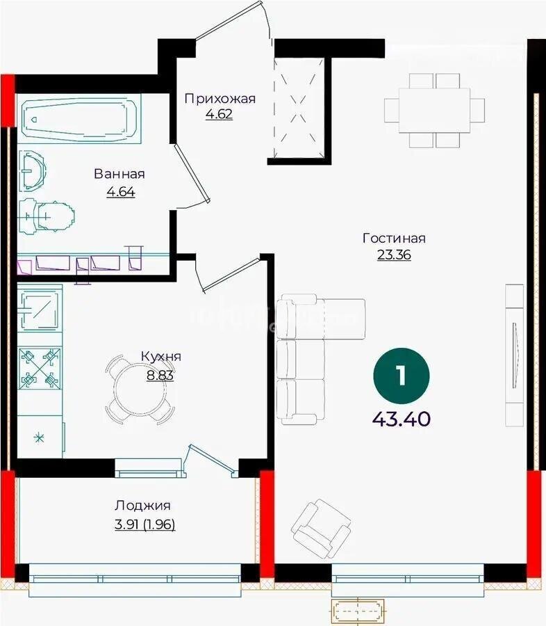 Продажа 1-комнатной квартиры, 43.4 м² в Астане