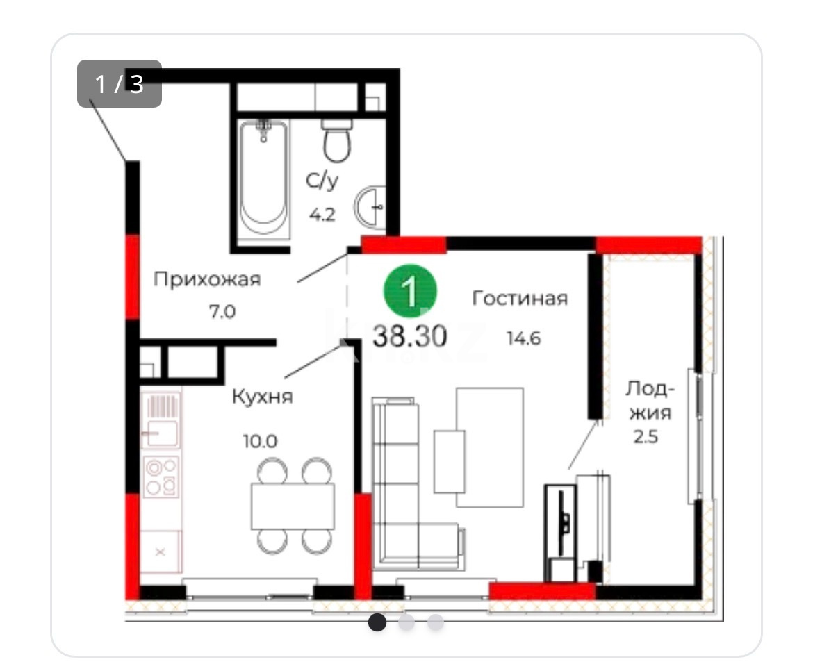Продажа 1-комнатной квартиры, 38.3 м² в Астане