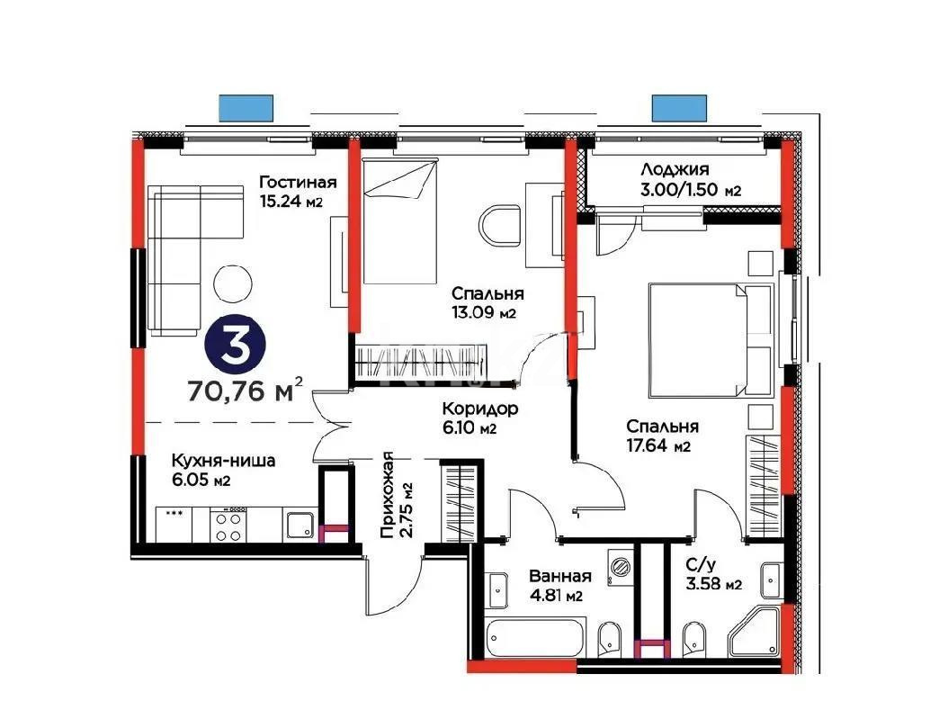 Продажа 3-комнатной квартиры, 70.76 м² в Астане