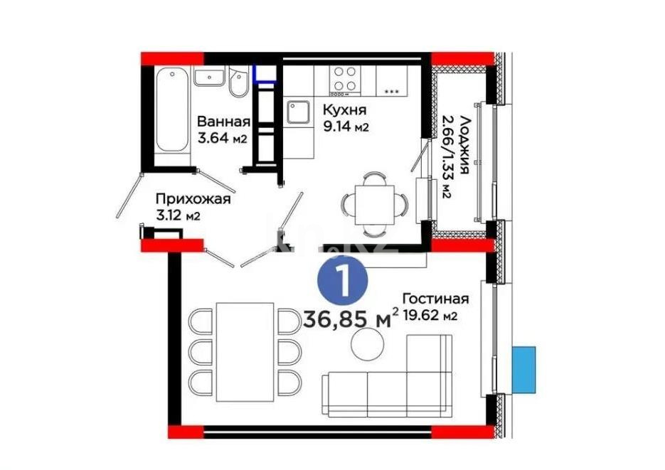 Продажа 1-комнатной квартиры, 36.85 м² в Астане