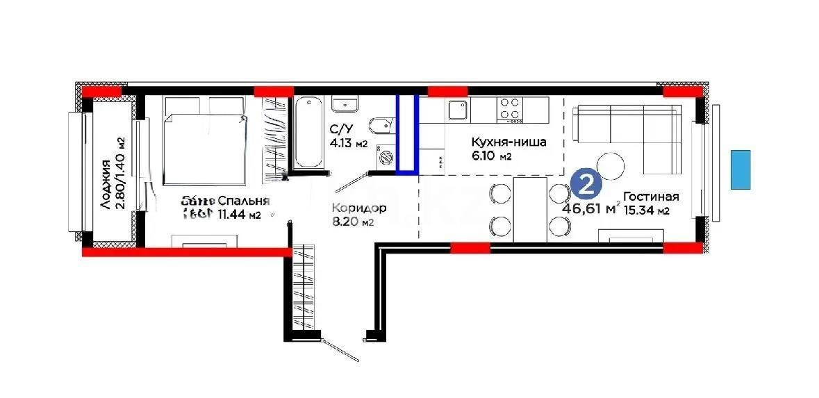 Продажа 2-комнатной квартиры, 46.61 м² в Астане