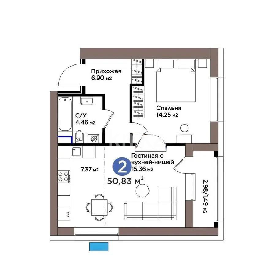 Продажа 2-комнатной квартиры, 50.83 м² в Астане