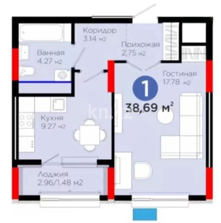 Продажа 1-комнатной квартиры, 38.69 м², пр. Улы Дала, дом  14 в Астане