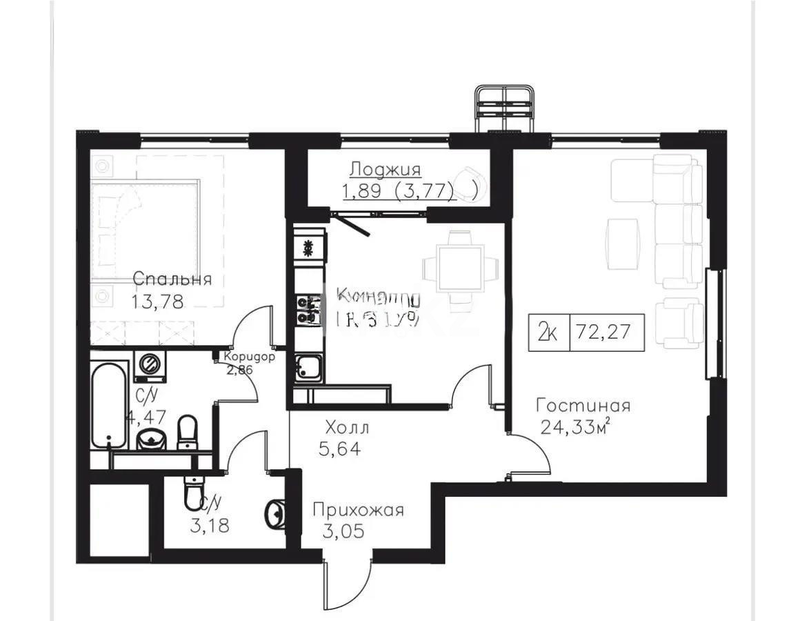 Продажа 2-комнатной квартиры, 72.27 м², пр. Мангилик Ел, дом  63/1 в Астане