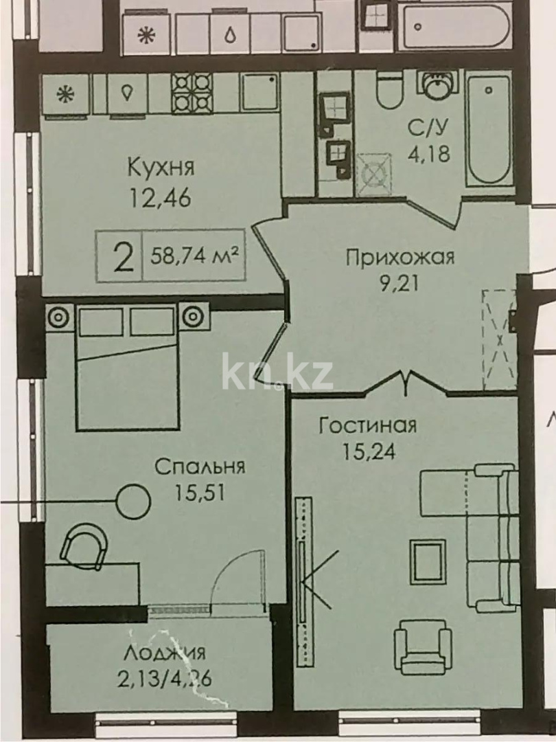 Продажа 2-комнатной квартиры, 58.74 м² в Астане