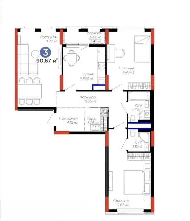 Продажа 3-комнатной квартиры, 91 м² в Астане