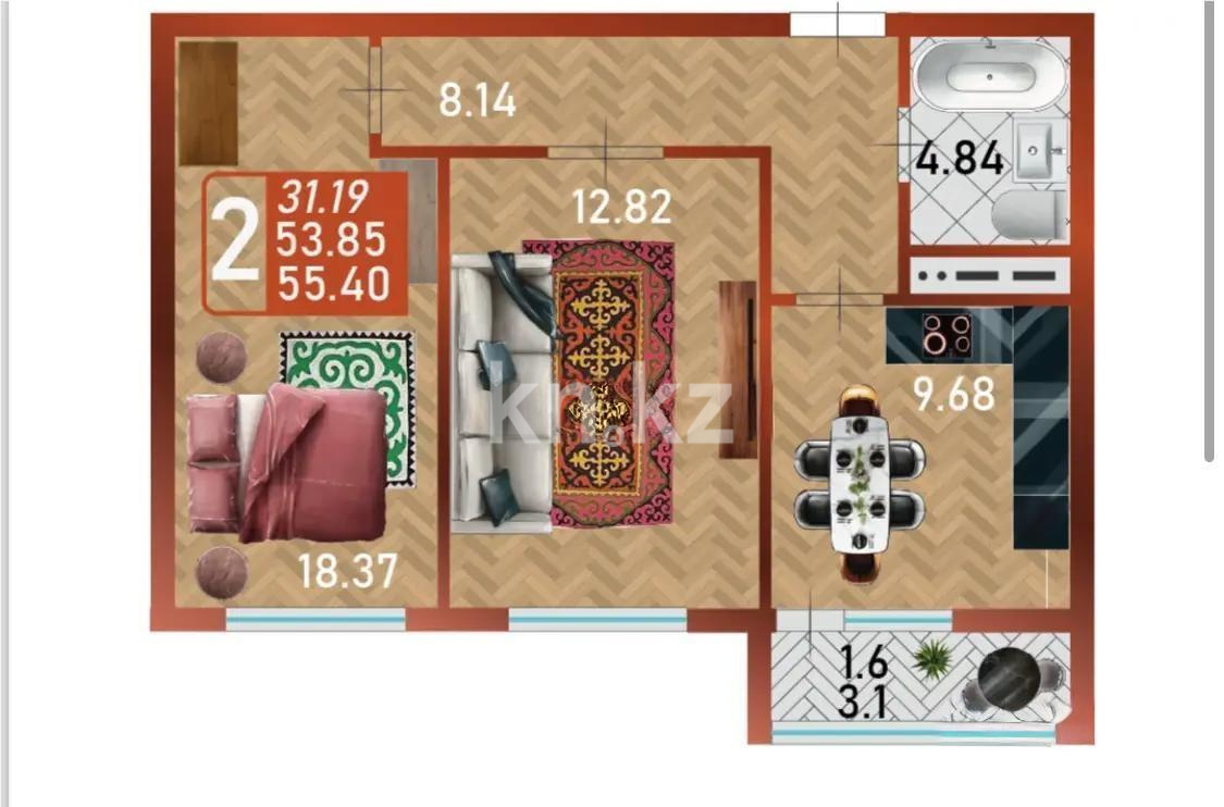 Продажа 2-комнатной квартиры, 55.4 м² в Астане