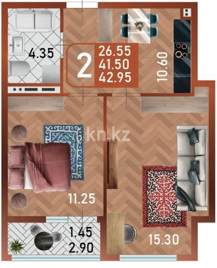 Продажа 2-комнатной квартиры, 42.95 м² в Астане