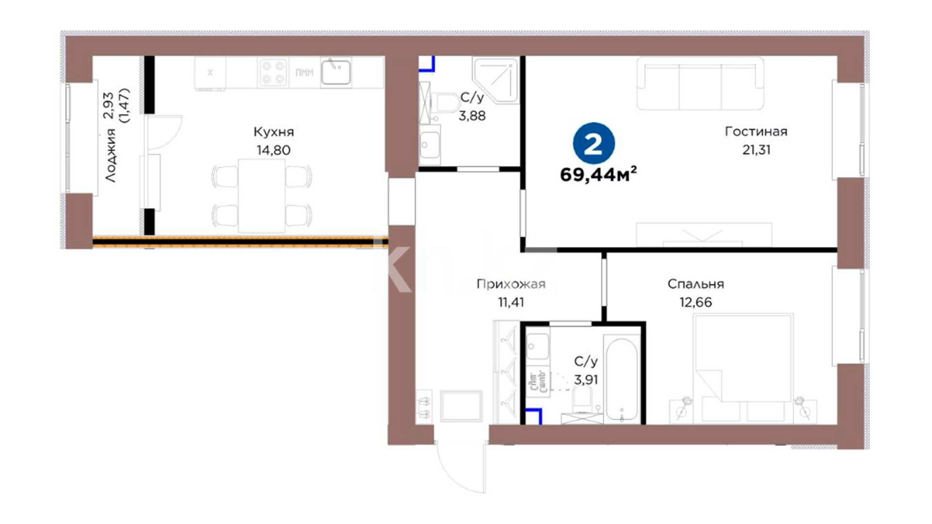 ЖК Tulga, 2-комнатная, цена 53 354 520 ₸, 774 377 ₸&nbsp;/&nbsp;м²