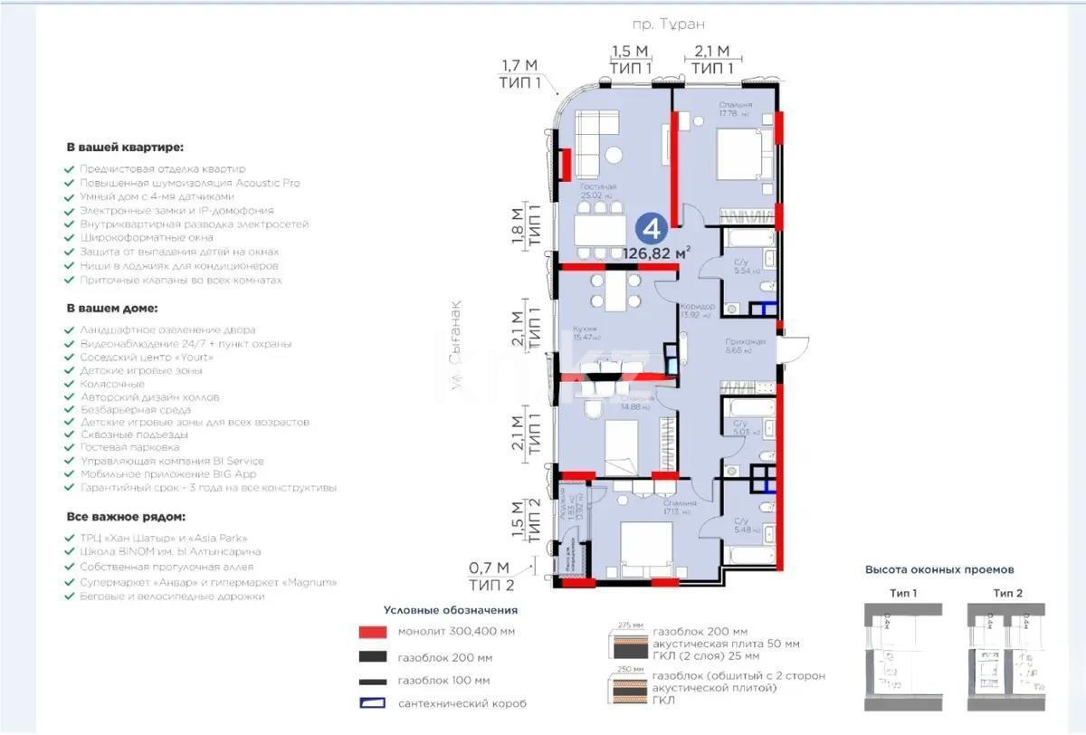 Продажа 4-комнатной квартиры, 127 м², пр. Туран, дом  41 в Астане - фото 2