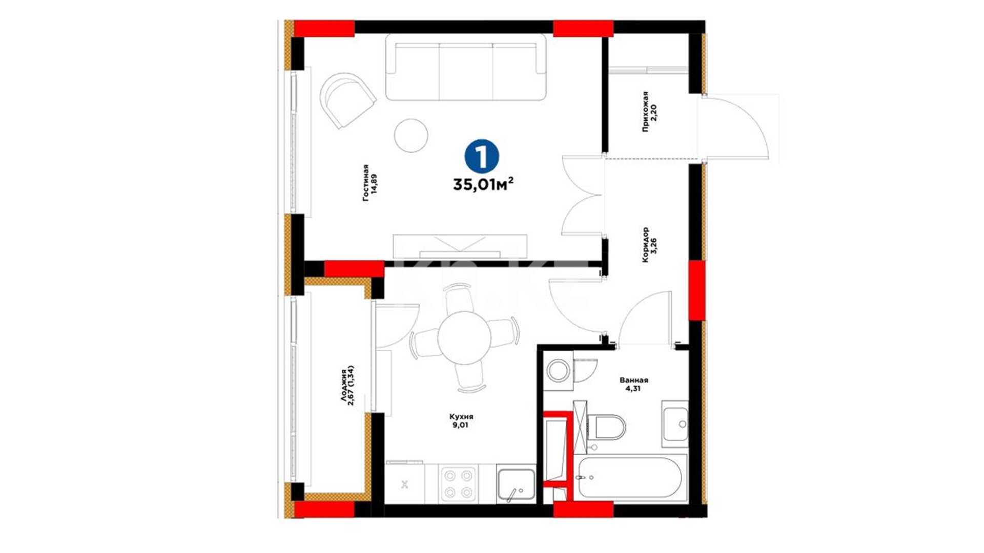 ЖК Bosaga, 1-комнатная, цена 24 787 080 ₸, 708 000 ₸&nbsp;/&nbsp;м²