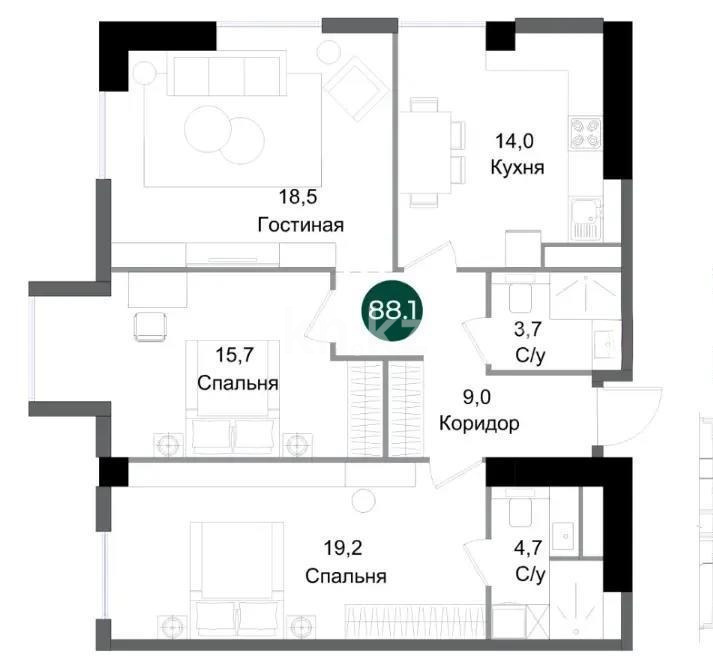 Продажа 3-комнатной квартиры, 88.1 м² в Алматы