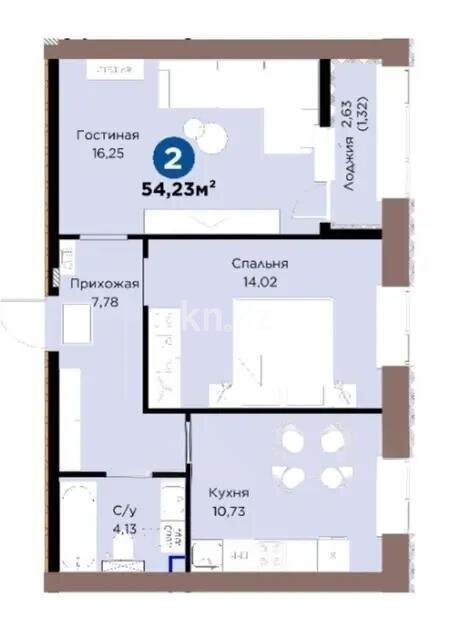 Продажа 2-комнатной квартиры, 54.23 м² в Астане