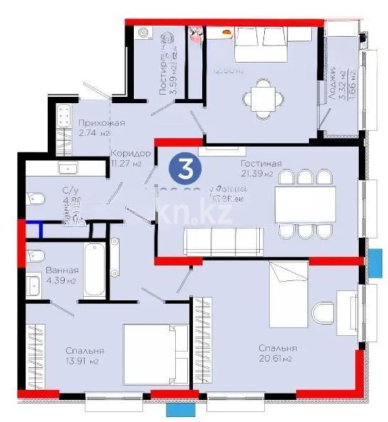 Продажа 3-комнатной квартиры, 98 м², ул. Рыскулова, дом  1/1 в Астане