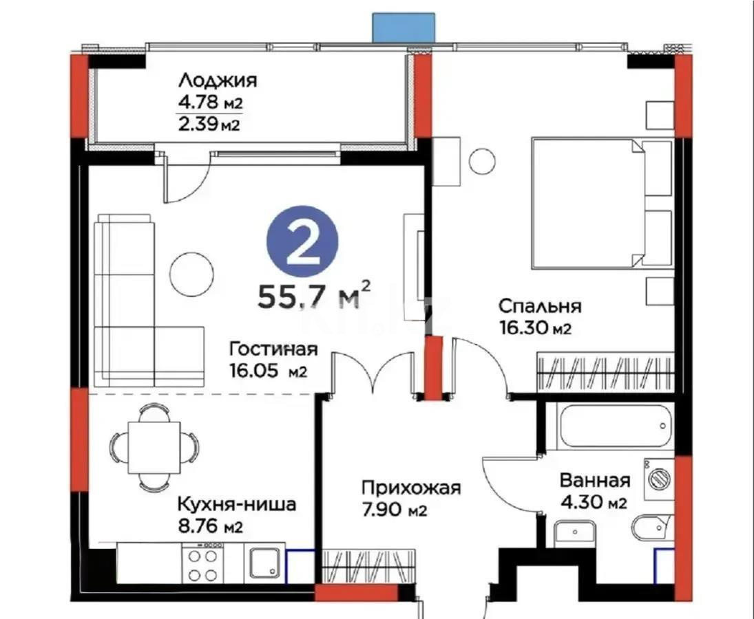 Продажа 2-комнатной квартиры, 57 м² в Астане