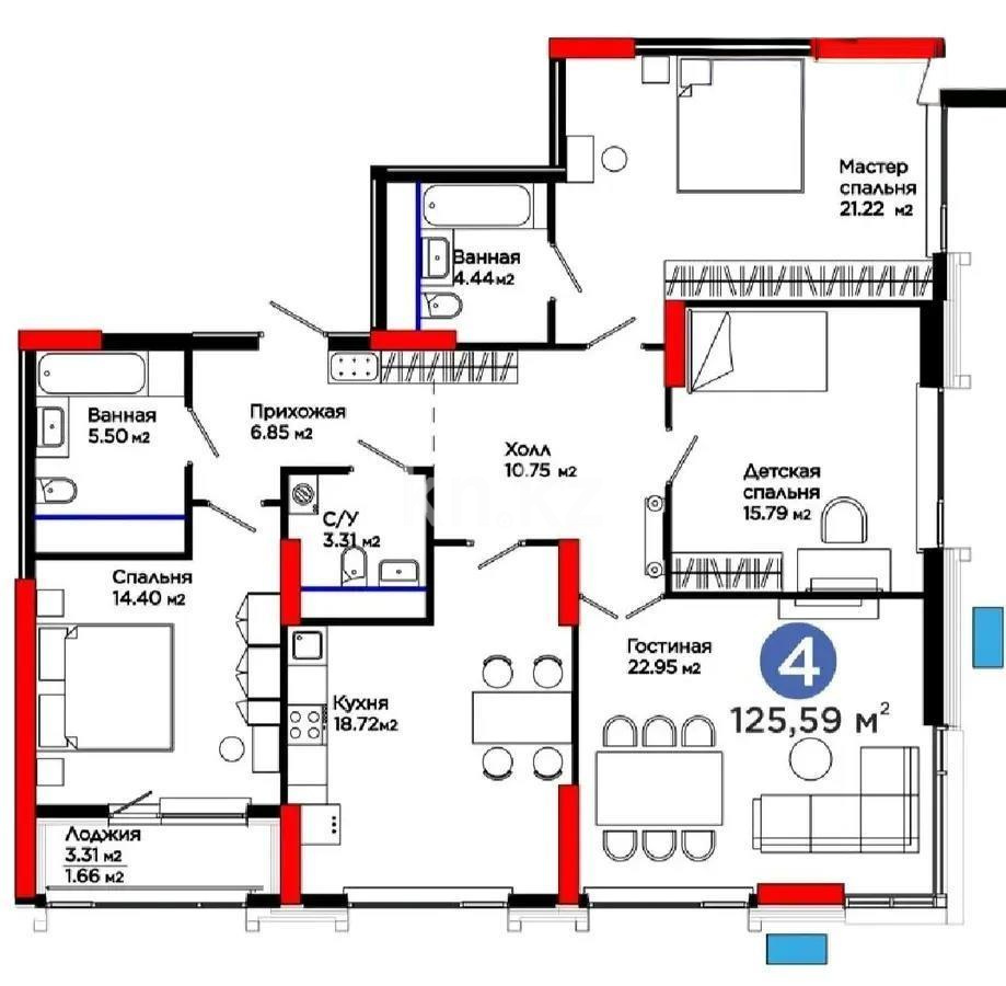 Продажа 4-комнатной квартиры, 125 м² в Астане