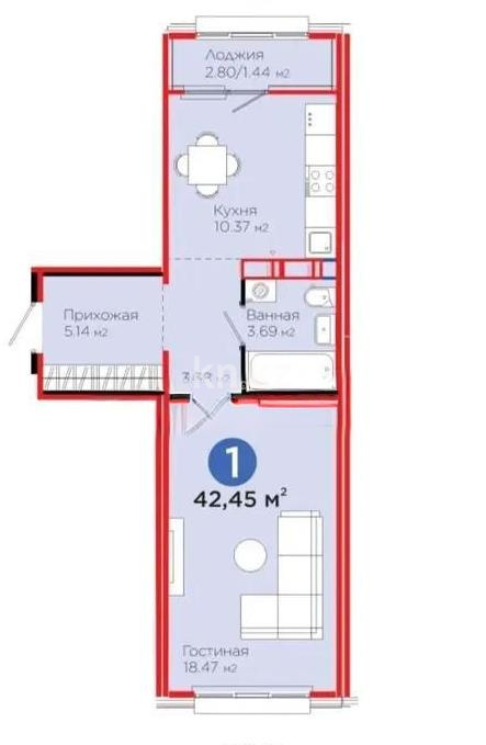 Продажа 1-комнатной квартиры, 42.45 м² в Астане