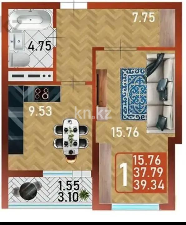 Продажа 1-комнатной квартиры, 39.34 м² в Астане