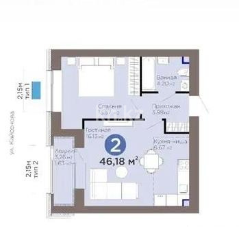 Продажа 2-комнатной квартиры, 46.18 м² в Астане