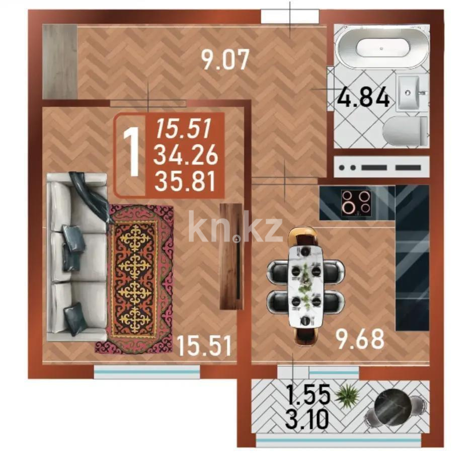 Продажа 1-комнатной квартиры, 35.81 м² в Астане