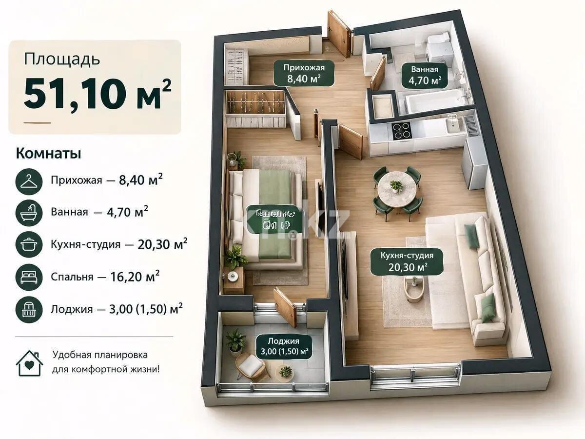 Продажа 1-комнатной квартиры, 51.1 м² в Алматы