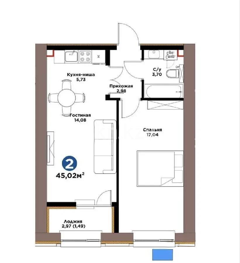 Продажа 2-комнатной квартиры, 45 м² в Астане