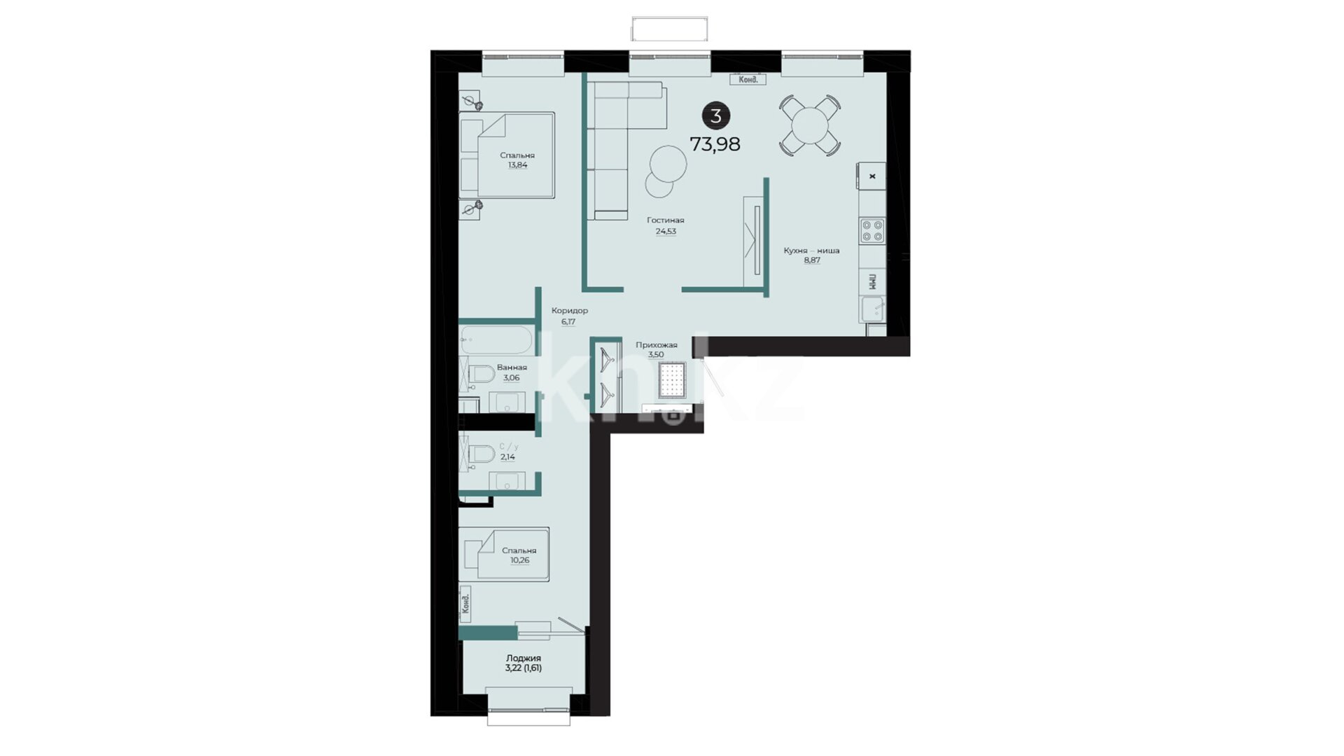 ЖК Dala Jusan, 3-комнатная, цена 50 158 440 ₸, 678 000 ₸&nbsp;/&nbsp;м²