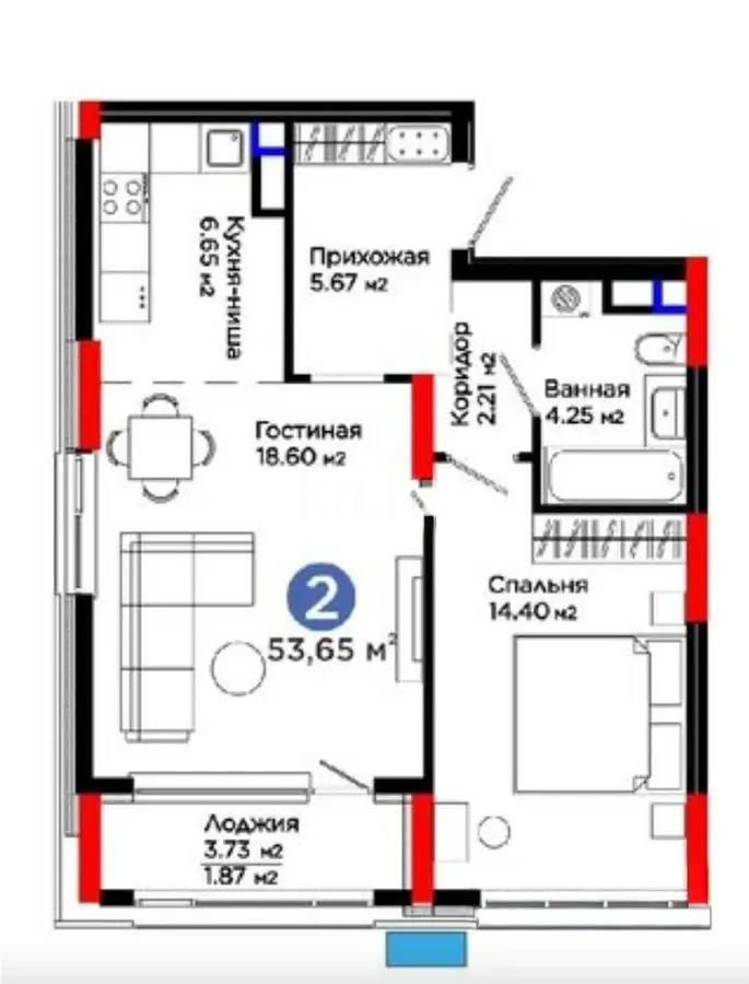 Продажа 2-комнатной квартиры, 53.6 м² в Астане
