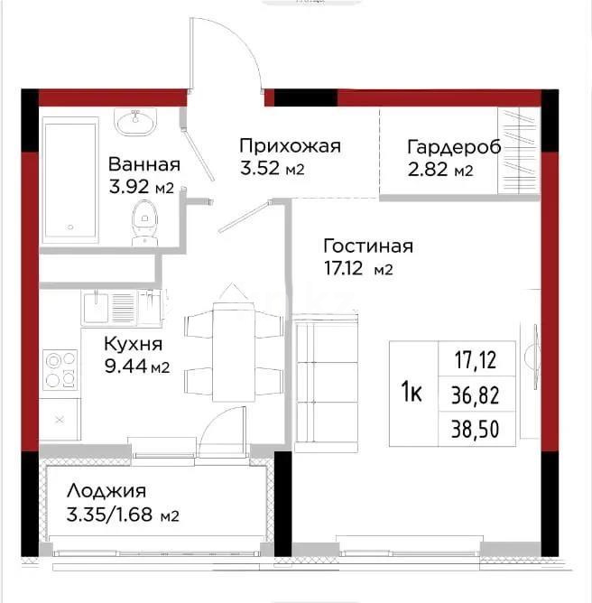 Продажа 1-комнатной квартиры, 38.51 м² в Астане