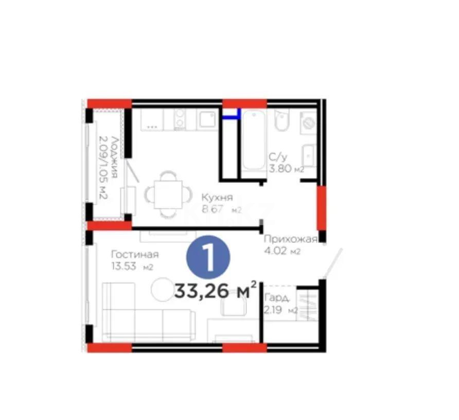 Продажа 1-комнатной квартиры, 33.26 м² в Астане