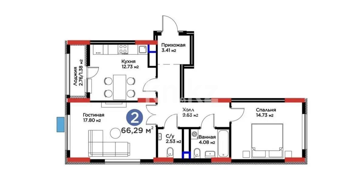 Продажа 2-комнатной квартиры, 66.29 м² в Астане
