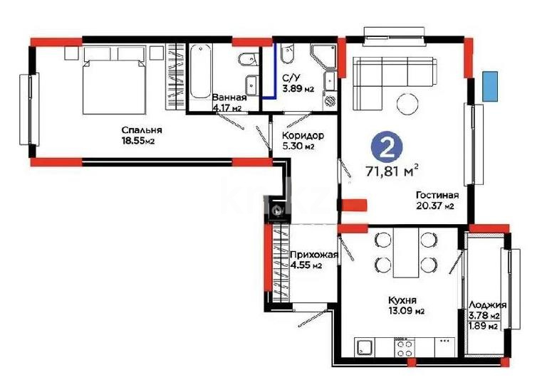 Продажа 2-комнатной квартиры, 71.81 м² в Астане