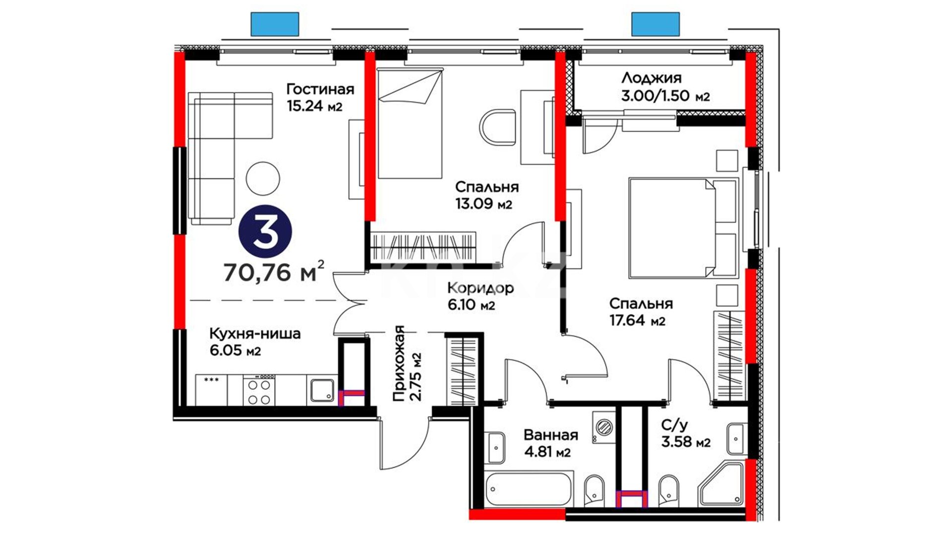 ЖК UIA. BIRLIK, 3-комнатная, цена 43 114 068 ₸, 609 300 ₸&nbsp;/&nbsp;м²