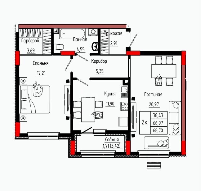 Продажа 2-комнатной квартиры, 68.7 м² в Астане