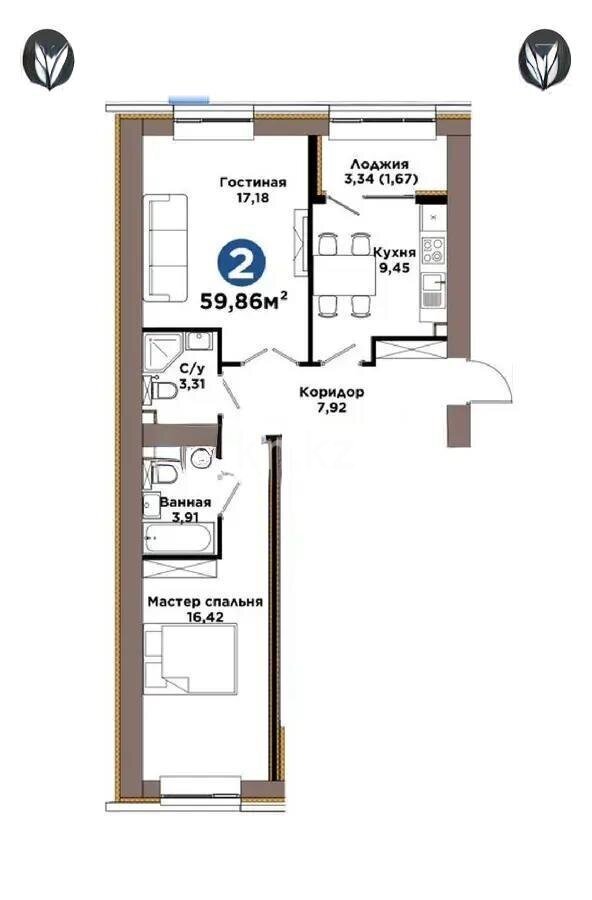 Продажа 2-комнатной квартиры, 60 м² в Астане