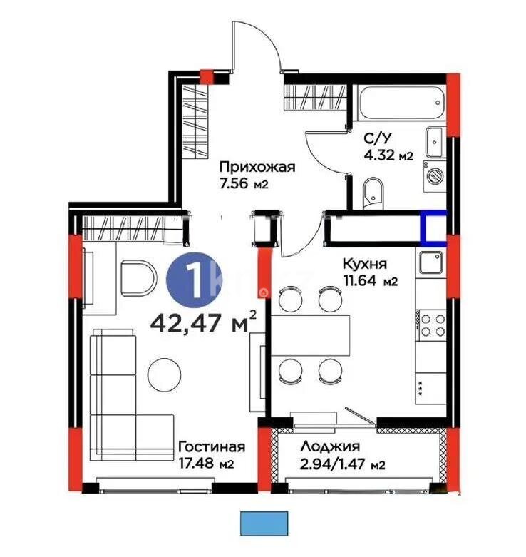 Продажа 1-комнатной квартиры, 42.47 м² в Астане