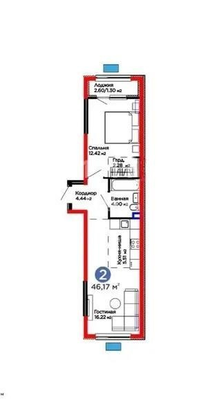 Продажа 2-комнатной квартиры, 46.17 м² в Алматы