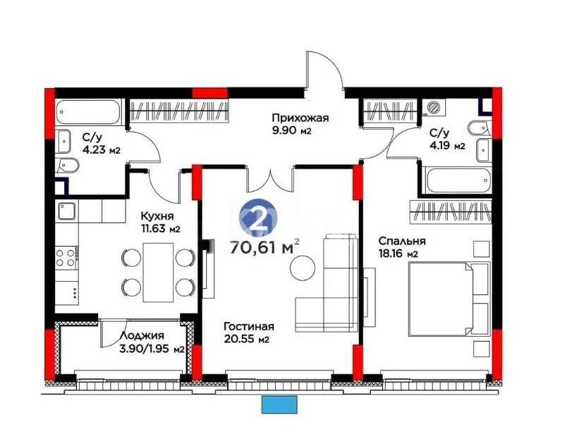 Продажа 2-комнатной квартиры, 70.61 м² в Астане