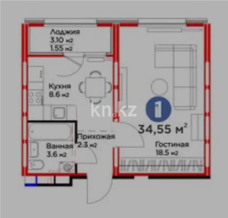 Продажа 1-комнатной квартиры, 34.55 м² в Астане